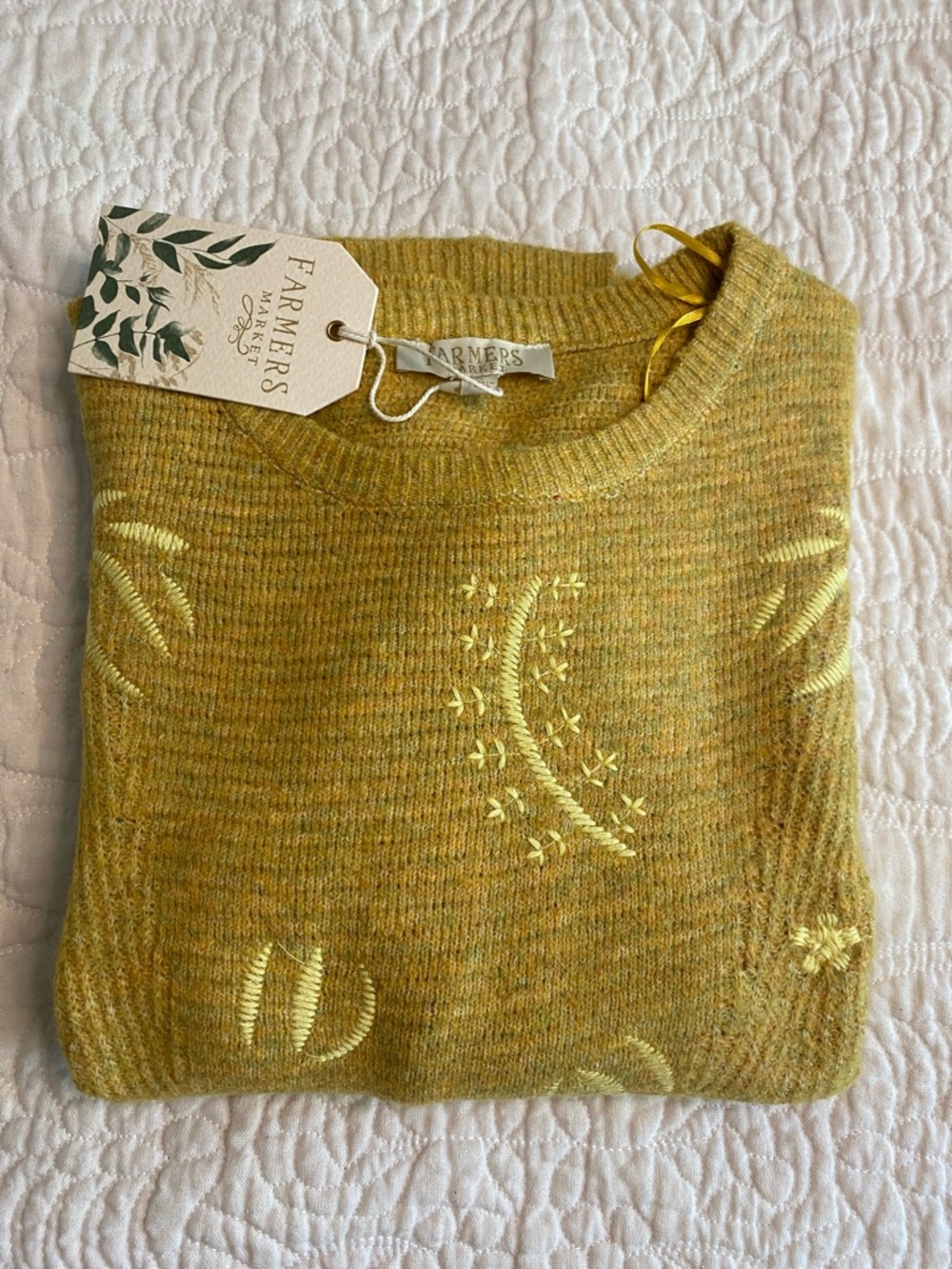Mustard Crewneck Sweater with Floral Embroidery side cuts and ties